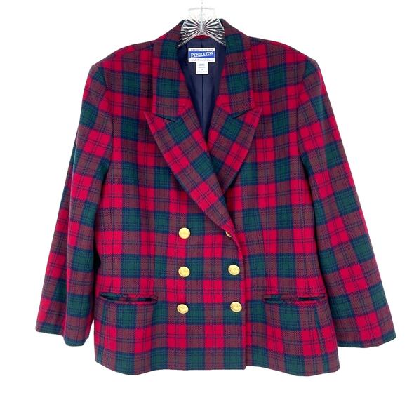 Pendleton Sz 16 Petite Wool Red Green Black Lined Blazer Tartan Vintage Holiday - Picture 1 of 16